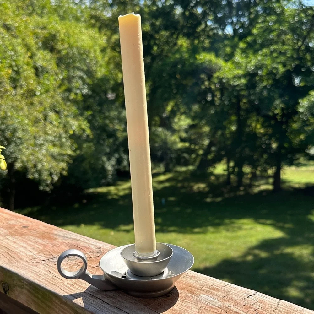 Silver Pewter Candle Holder with Handle and Cream Candle